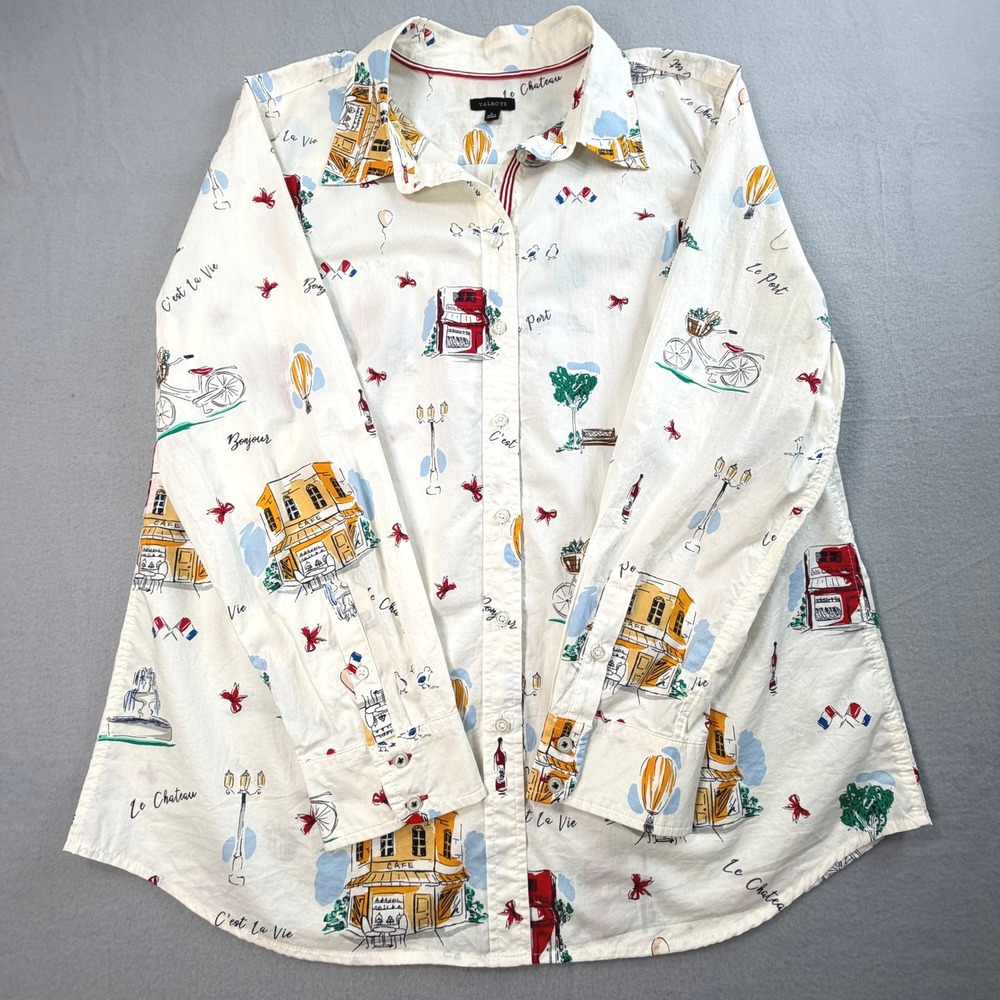 Talbots Womens White Button Down Sz L French Novelty C'est La Vie Whimsical - Picture 2 of 13